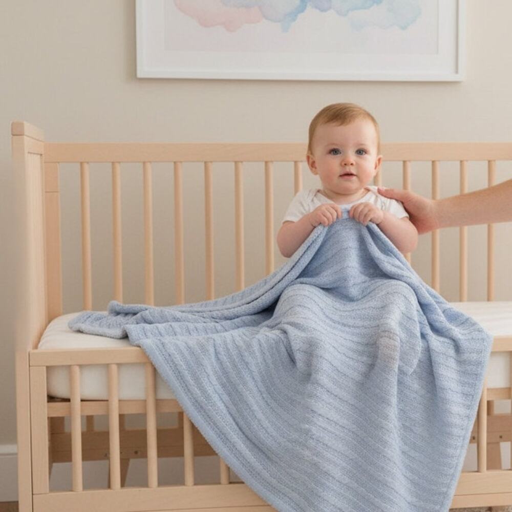 Vintage Target Limited Amy Coe Blue Chenille Cable Knit Baby Boy Blanket SOFT!